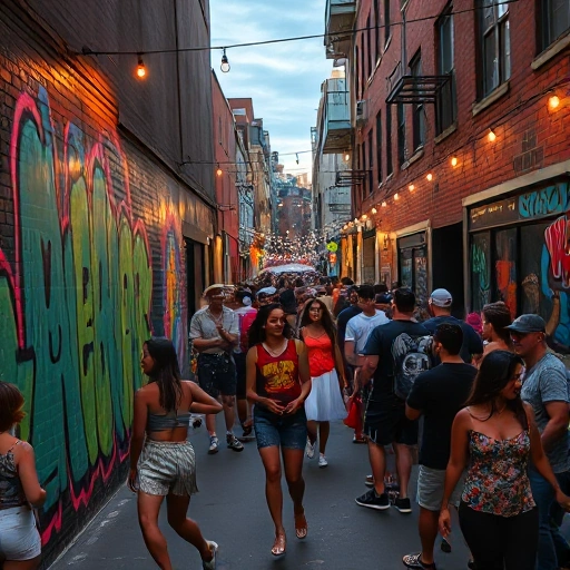 A vibrant street art parade featuring colorful murals, graffiti artists painting on walls, dancers in urban fashion, and crowds enjoying live music, all set in a lively city alley with brick walls and string lights at dusk