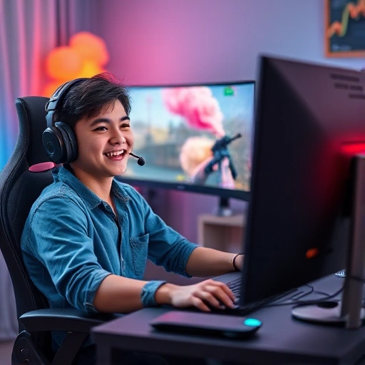 A cheerful gamer sitting at a computer desk playing CS:GO, wearing headphones and smiling, with colorful in-game effects like smoke grenades and bullet impacts visible on the screen, surrounded by gaming peripherals, soft ambient lighting, and a cozy room atmosphere, conveying joy and focus in a positive gaming experience
