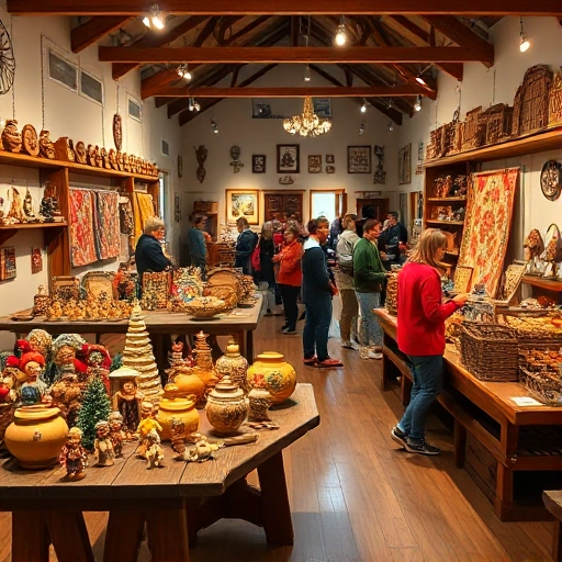 A vibrant exhibition hall showcasing traditional Russian folk art crafts, including hand-painted wooden toys, embroidered textiles, clay pottery, and woven baskets displayed on rustic wooden tables under warm lighting, with visitors of diverse ages admiring the artwork in a cozy community center setting