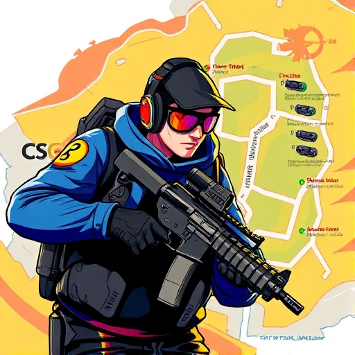 A vibrant, high-resolution illustration of a professional CS:GO player in a dynamic pose, wearing a sleek tactical headset and holding a rifle, surrounded by a stylized map of the popular CS:GO map 'Dust II' with highlighted key positions, all depicted in a bright, energetic color palette. The scene conveys teamwork and strategy, with subtle visual cues of a winning mindset, but no text or logos.