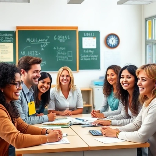 A group of diverse teachers in a modern classroom setting, smiling and engaged in a positive discussion about salary increase, with visible elements like a chalkboard showing mathematical equations, educational posters, and a bright, welcoming atmosphere, symbolizing professional growth and recognition
