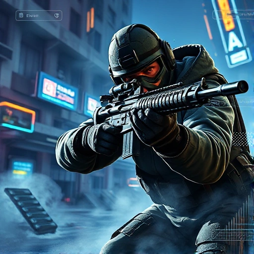A dynamic, high-energy scene of a professional CS:GO player in mid-action, wearing tactical gear, aiming a rifle with intense focus, surrounded by swirling smoke and digital glitch effects symbolizing advanced tactics, set in a futuristic urban battlefield with neon-lit ruins and floating HUD elements like health bars and ammo counters, all rendered in sharp, detailed smallHQ style