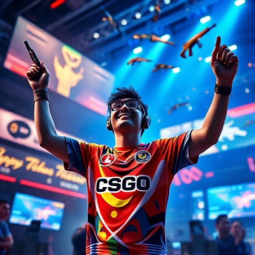 A vibrant, high-energy scene of a professional CS:GO player celebrating a victory in a futuristic gaming arena, wearing a colorful jersey with 'CSGO-Happy' logo, surrounded by glowing holographic scoreboards, dynamic lighting effects, and stylized in-game weapons floating mid-air, conveying excitement and mastery