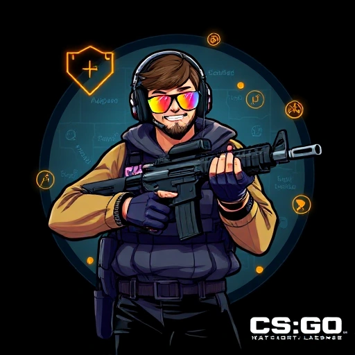 A vibrant, stylized illustration of a confident CS:GO player in a dynamic pose, wearing a headset and holding a rifle, surrounded by glowing tactical icons and a subtle map overlay, all rendered in a clean, high-resolution style with bright colors and sharp details, conveying a sense of mastery and positivity.