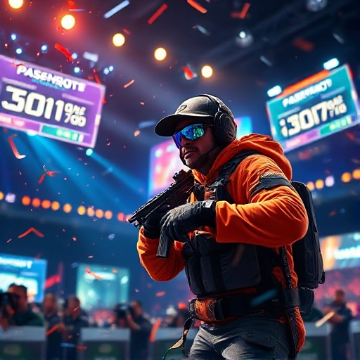 A vibrant, high-energy scene depicting a professional CS:GO player mid-action, celebrating a clutch victory with confetti falling, surrounded by glowing holographic stats like headshot percentage and win rate, set in a futuristic esports arena with dynamic lighting and team colors (blue and orange), ultra-detailed, cinematic composition, smallHQ style