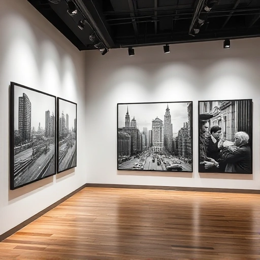 A modern urban photography exhibition titled 'Город в объективе' displayed in a sleek gallery space, featuring large framed black-and-white and color photographs of cityscapes, street life, architecture, and candid human moments from various global cities, soft ambient lighting, minimalist white walls, wooden flooring, subtle shadows, no people visible in the frame, high detail, realistic photography style