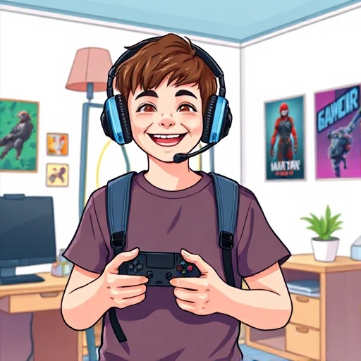 A cheerful young person wearing a CSGO headset and holding a controller, smiling while standing in a bright, cartoon-style room with gaming posters on the walls and a small plant on a desk, representing happy strategies for new players
