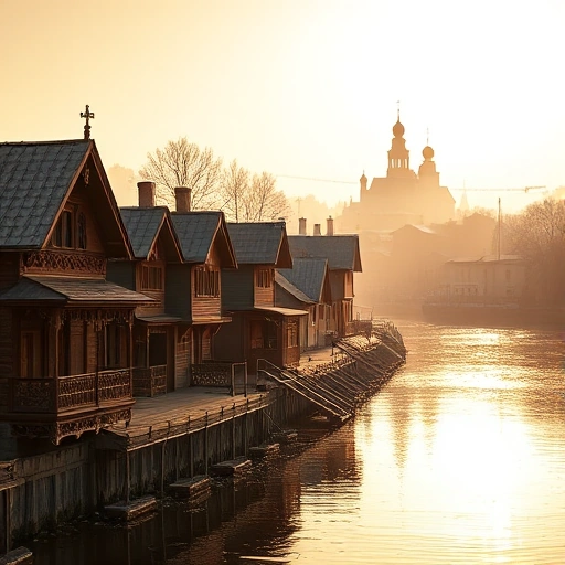 A serene historical scene of Ivanovo, Russia, depicting traditional wooden houses with ornate carvings along a quiet riverbank at golden hour, with distant church domes faintly visible through morning mist, soft sunlight reflecting on the water, no people visible, emphasizing the quiet dignity and cultural heritage of the city