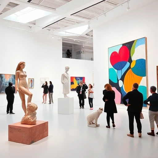 A modern art exhibition featuring abstract sculptures and vibrant paintings in a minimalist white gallery space with natural lighting, visitors observing the artworks, contemporary installations with geometric shapes and bold colors
