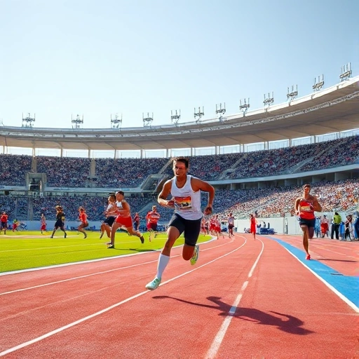 Athletes competing in various sports events on a large outdoor stadium with spectators in the stands, bright daylight, dynamic action poses, colorful uniforms, track and field, soccer, and gymnastics elements