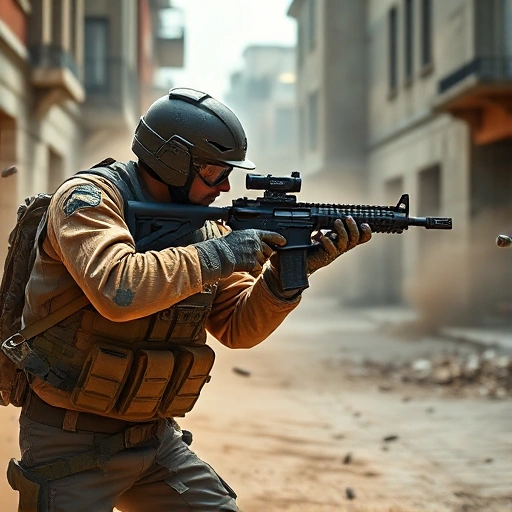 A dynamic scene of a CSGO player executing a tactical maneuver in a dusty urban map, wearing a tactical vest and helmet, aiming a rifle with focus, surrounded by subtle visual cues of strategy like smoke grenades, flashbang trajectories, and map callouts faintly glowing in the air, all rendered in a clean, high-detail smallHQ style with sharp lighting and minimal clutter