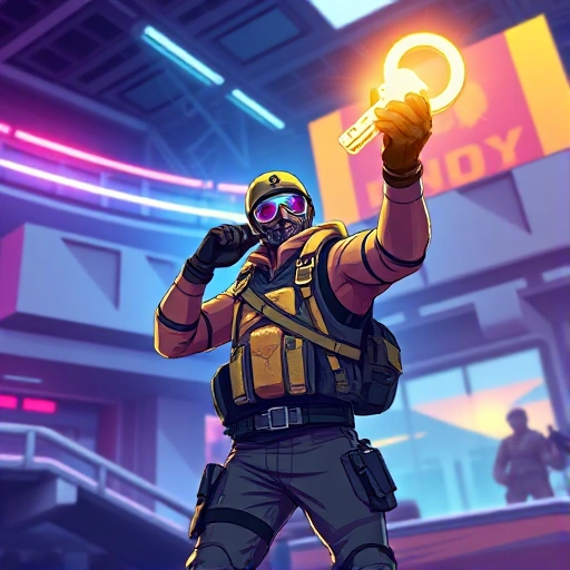 A vibrant, dynamic illustration of a CS:GO player in a triumphant pose, holding a glowing key that symbolizes victory. The scene is set in a stylized, futuristic arena with neon lighting and subtle holographic elements. The player wears sleek, high-tech tactical gear, and the key emits a radiant aura that illuminates the surroundings. The background features a stylized, abstract representation of a CS:GO map, with subtle hints of iconic locations like Dust II or Mirage, rendered in a clean, poli