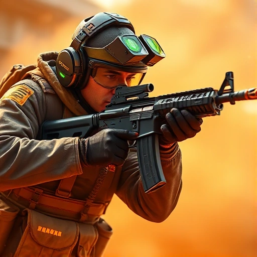 A vibrant, high-energy scene of a skilled CS:GO player in action, wearing a futuristic gaming headset and focused expression, mid-shot with an AK-47, surrounded by dynamic motion blur and glowing in-game UI elements like health, ammo, and radar, set in a dusty de_dust2 map environment with warm orange lighting and subtle particle effects, emphasizing intensity and mastery