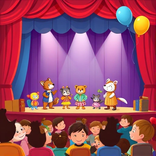 A vibrant and joyful children's theater performance on a colorful stage, featuring friendly animal characters in simple costumes acting out a playful story, with soft stage lighting, a curious audience of smiling children in the foreground, and whimsical props like oversized books and floating balloons, all rendered in a clean, high-quality, child-friendly illustration style
