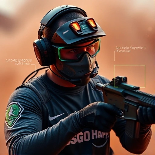 A dynamic, high-energy scene depicting a professional CS:GO player in intense focus during a competitive match, wearing a futuristic gaming headset and jersey with the 'CSGO-Happy' logo, surrounded by glowing tactical overlays showing smoke grenades, crosshair placement, and map control zones on a dusty Mirage map background, with subtle particle effects suggesting clutch plays and victory, cinematic lighting, ultra-detailed, 8K resolution