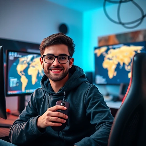 A professional CS:GO player in a bright, energetic gaming environment, smiling and holding a gaming mouse, surrounded by high-end gaming gear and a subtle glow from a monitor displaying a CS:GO map, reflecting a positive, enthusiastic perspective