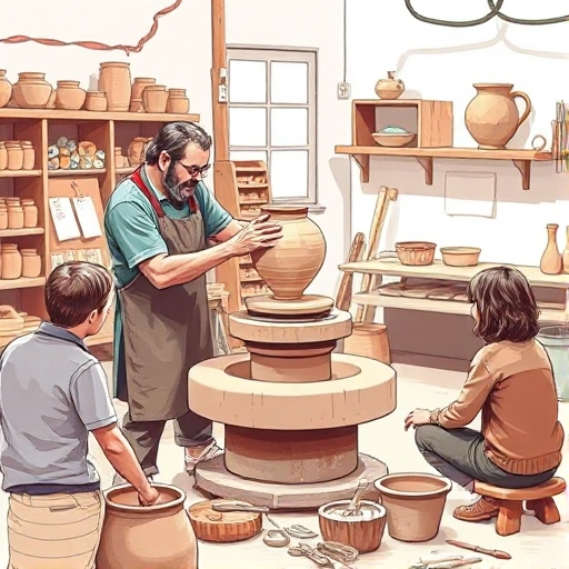 A detailed illustration of a masterclass in pottery making, showing a skilled potter shaping a clay vase on a spinning wheel in a well-lit workshop, with students observing and learning, various pottery tools and materials neatly arranged, and a finished ceramic piece displayed on a shelf in the background