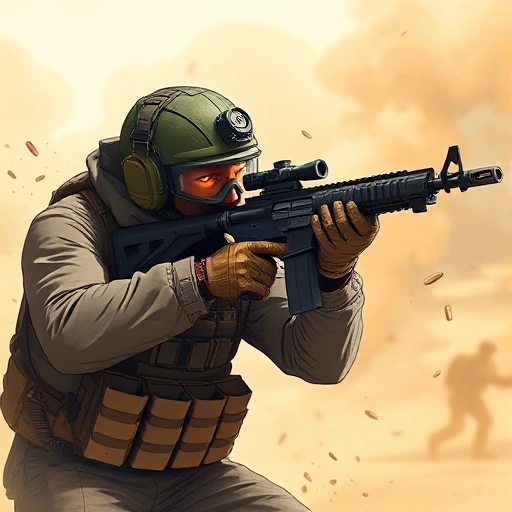 A dynamic, high-energy illustration of a professional CS:GO player in mid-action, wearing tactical gear, aiming a rifle with focus, surrounded by subtle game elements like floating smoke, bullet trails, and a blurred Dust II map background, conveying skill and intensity