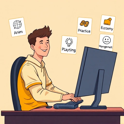 A beginner-friendly illustration of a person sitting at a computer playing Counter-Strike: Global Offensive, smiling and relaxed, with a simple HUD visible on screen showing basic crosshair and health, surrounded by floating icons representing key beginner tips: aim practice, map awareness, economy management, and communication — all in a clean, minimalist, smallHQ style with soft lighting, flat colors, and no text or labels