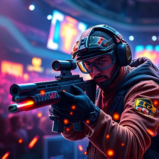 A vibrant, high-energy scene of a professional CS:GO player in action, wearing a futuristic gaming headset and focused expression, mid-shot with an AWP rifle, surrounded by glowing digital effects of bullet trails and map icons like Dust II and Mirage, set in a sleek esports arena with neon lighting and cheering crowd silhouettes in the background, ultra-detailed, cinematic lighting, smallHQ style