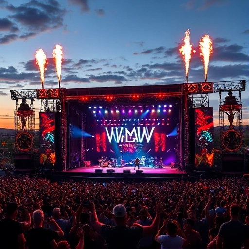 A grand outdoor concert featuring world-famous musicians performing on a massive stage with dazzling lights, pyrotechnics, and a huge enthusiastic crowd under a twilight sky, cinematic lighting, ultra-detailed, high resolution