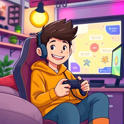 A cheerful young gamer sitting in a cozy gaming setup, holding a CS:GO controller, surrounded by bright, colorful lighting and a friendly virtual map of a CS:GO arena. The scene conveys a sense of mastery and excitement for beginners, with subtle hints of strategy and teamwork, all rendered in a clean, vibrant illustration style.