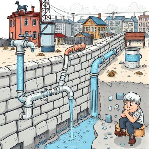 A detailed illustration of water supply problems in Ivanovo, showing cracked pipes, leaking water, dry taps, and frustrated residents in a city setting, with visible infrastructure damage and water scarcity effects