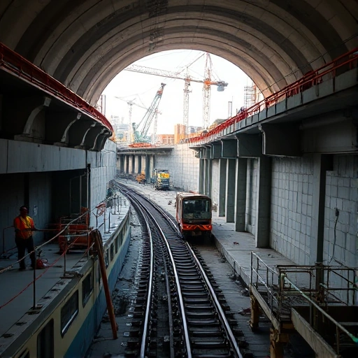A modern metro construction site with workers in safety gear operating heavy machinery, partially completed underground tunnel with concrete supports and tracks being laid, cranes and construction vehicles in the background, soft daylight, realistic details, no text or signage visible