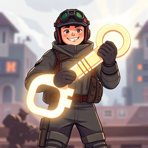 A vibrant, dynamic illustration of a cheerful CS:GO player in full tactical gear, standing on a battlefield with a glowing, oversized key in hand, symbolizing the 'Key to Victory'. The background shows a stylized, slightly blurred urban map with subtle lighting effects, giving a sense of action and triumph. The player’s expression is confident and joyful, with a subtle smile, and the key emits a soft, radiant glow that illuminates the surrounding area. The composition focuses on the player and t