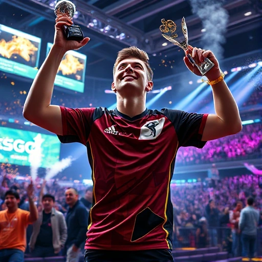 A vibrant, high-energy scene of a professional CS:GO player celebrating a victory in a futuristic esports arena, wearing a team jersey with glowing accents, holding a trophy, surrounded by dynamic digital effects like floating holographic scoreboards, particle explosions, and stylized smoke trails, with a crowd of cheering fans in the background under neon-lit stadium lights, ultra-detailed, cinematic lighting, sharp focus on the player's expression of triumph