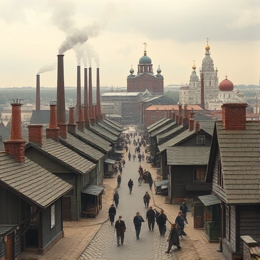A historical scene depicting Ivanovo during the early 20th century, showing textile factories with smokestacks, workers in period clothing walking along cobblestone streets, traditional wooden houses mixed with early industrial buildings, and a subtle backdrop of Russian Orthodox church domes under a soft overcast sky, conveying the city's role as the 'Manchester of Russia' in textile production