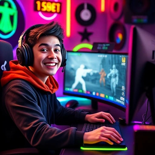 A cheerful gamer wearing a headset and smiling, sitting at a gaming desk with a computer displaying a CSGO match, surrounded by colorful gaming accessories, neon lights, and floating UI elements like health bars and ammo counters, all in a vibrant, energetic, and positive atmosphere