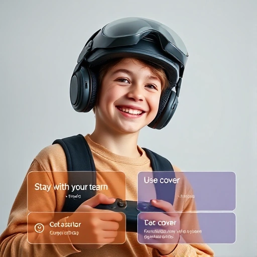 A cheerful young person wearing a CSGO helmet and casual clothes, smiling while holding a controller, with a bright game interface showing simple strategy tips like 'Stay with your team' and 'Use cover', in a clean, vibrant smallHQ style