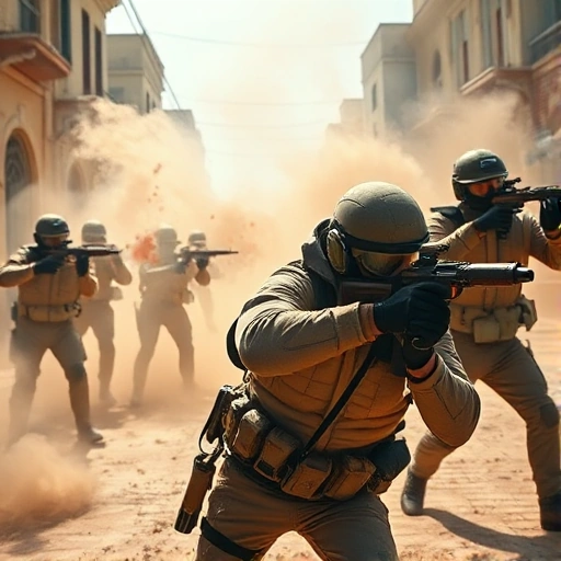 A dynamic, high-energy scene of a CSGO player executing a tactical flank with smoke grenades and flashbangs, surrounded by teammates in coordinated positions on a dusty, urban map like Dust II, with intense lighting, motion blur on weapons, and a sense of imminent victory — all rendered in crisp, detailed smallHQ style