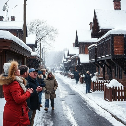 A quiet street in Ivanovo covered in the first snow, with surprised residents bundled in winter clothing looking up at the sky, wooden houses with snow-covered roofs, soft falling snowflakes, muted winter colors, early morning light, peaceful atmosphere