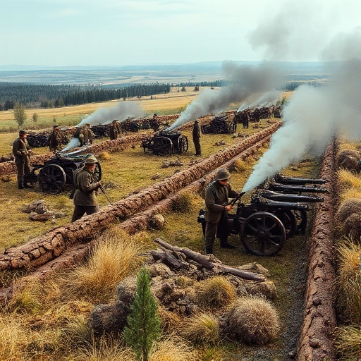 A historical battlefield scene set in Ivanovo, featuring early 20th-century Russian soldiers in period uniforms, trench lines, artillery pieces, and smoke rising from the ground, with the surrounding landscape of the Ivanovo region in the background. No modern weapons or vehicles should be present.