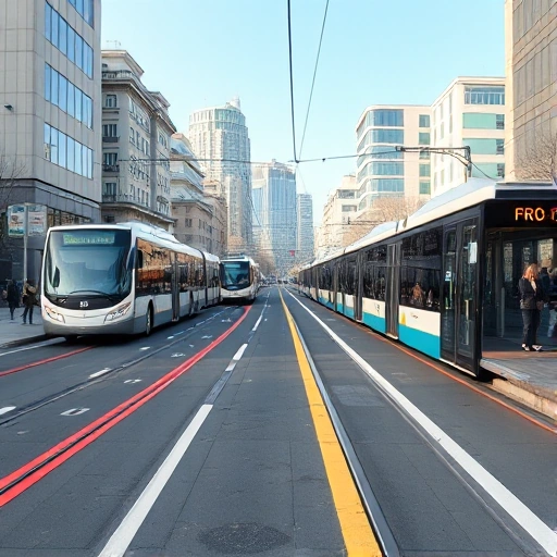 A modern city street scene showing new public transportation routes with clean, colorful bus and tram lines marked on the road, contemporary buses and trams in motion, passengers waiting at stops, urban buildings in the background, clear daytime lighting, minimalist design elements