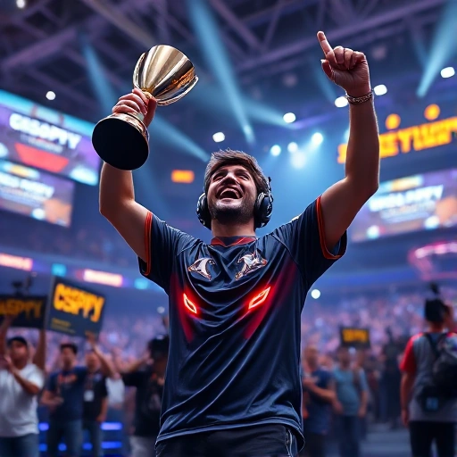 A vibrant, high-energy scene of a professional CS:GO player celebrating a victory in a futuristic esports arena, wearing a team jersey with glowing accents, holding a trophy, surrounded by cheering fans and digital scoreboards displaying 'CSGO-Happy: The Winning Strategies', dynamic lighting, sharp focus, cinematic composition, ultra-detailed, 8K resolution