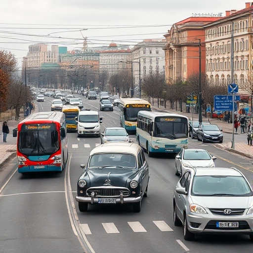 A realistic depiction of traffic conditions in Ivanovo, Russia, showing a mix of old Soviet-era buses, Lada, and modern cars on a city street with tram lines, pedestrian crossings, and typical Russian urban architecture in the background under overcast daylight, with visible traffic congestion and road signs in Cyrillic