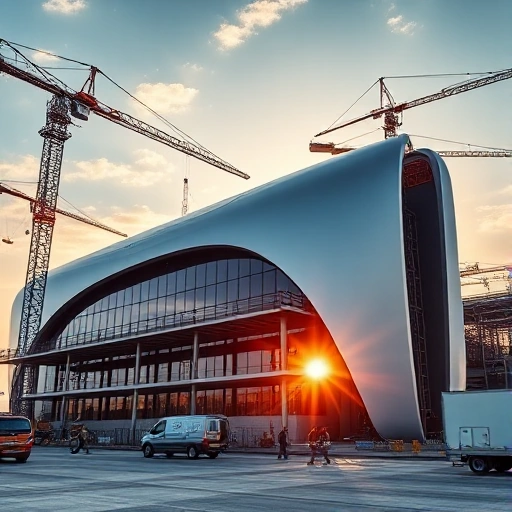 A modern industrial scene in Ivanovo, showing a new project launch, featuring a sleek, futuristic building under construction with cranes, workers in safety gear, and a bright sunrise, with no text or signage visible