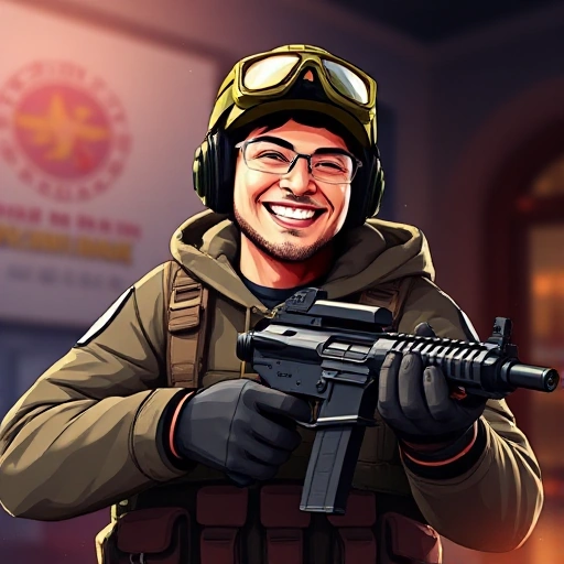 A cheerful professional Counter-Strike: Global Offensive player in a dynamic in-game moment, wearing tactical gear, holding a weapon, with a bright, optimistic expression, surrounded by a stylized tactical map overlay and subtle glowing effects, all in a vibrant, energetic style.