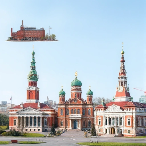 A collection of famous historical monuments in Ivanovo, showcasing their architectural details and surroundings. The image should include landmarks such as the Ivanovo Textile Mill, the Church of the Savior, and the Ivanovo State University. The scene should be depicted in a realistic style, capturing the essence of these historical sites.