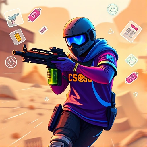 A vibrant, high-energy scene featuring a stylized CS:GO player character mid-action, holding a futuristic weapon with glowing effects, surrounded by dynamic motion blur, floating holographic icons of in-game items (like AWP, defuse kit, and grenades), and a subtle background of a dusty, competitive map like Dust II with soft neon accents. The character wears a custom 'CSGO-Happy' themed jersey with a smiling emoji logo, radiating positivity and competitive spirit. Lighting is dramatic with rim l