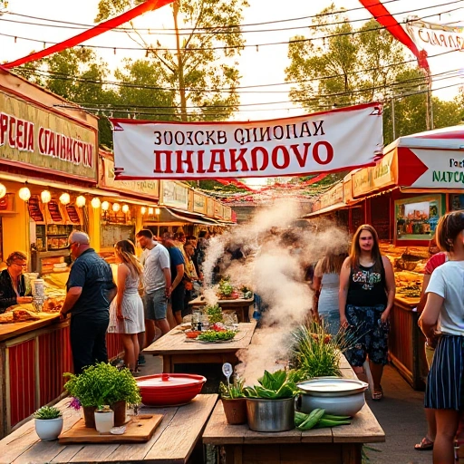 A vibrant culinary festival in Ivanovo, Russia, featuring colorful food stalls with traditional Russian dishes like borscht, pirozhki, blini, and kvass, surrounded by cheerful locals and visitors in summer attire, string lights overhead, rustic wooden tables with fresh herbs and vegetables, steam rising from hot pots, a festive banner in Cyrillic reading 'Вкусная Иваново' subtly blurred to avoid legible text, warm golden-hour lighting, lively atmosphere, high detail, smallHQ style