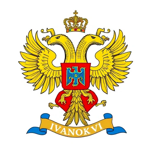 A detailed depiction of the coat of arms of Ivanovo city, featuring traditional Russian heraldic elements such as a red shield with a golden double-headed eagle, surrounded by ornate golden patterns and blue ribbon elements, set against a clean white background to highlight the symbols clearly, rendered in a smallHQ style with crisp lines and vibrant colors