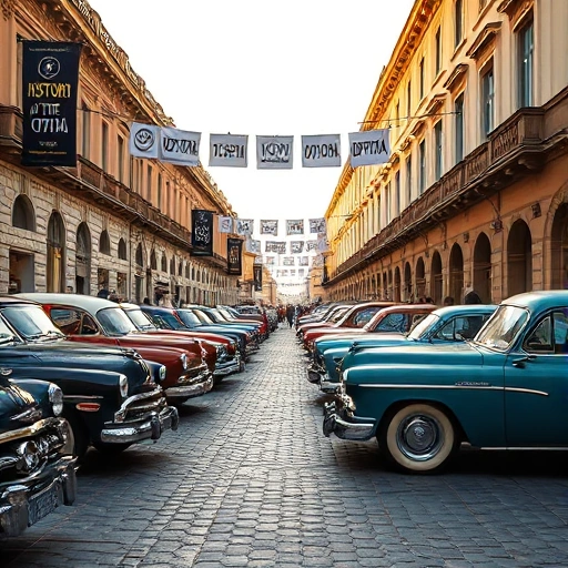 A retro car exhibition titled 'History of the City' featuring vintage automobiles from different eras parked along a cobblestone street lined with historic buildings, banners with Cyrillic text reading 'История города', soft golden hour lighting, detailed chrome and paint finishes on classic cars, subtle crowd of visitors in period-appropriate clothing, no modern vehicles or anachronistic elements