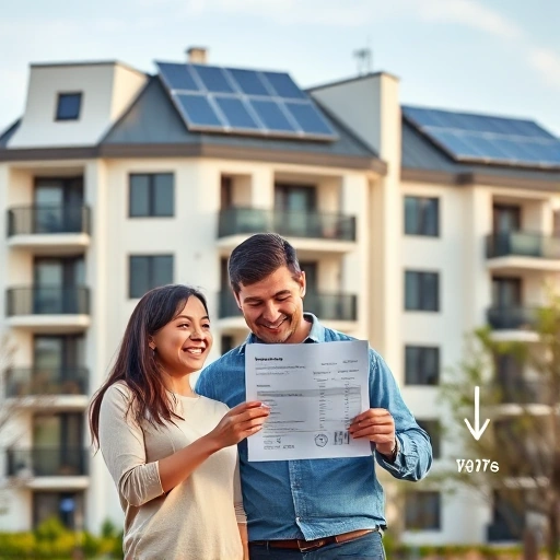A modern residential building with solar panels on the roof, a family smiling while looking at a reduced utility bill, icons of water, electricity, and electricity with downward arrows indicating lower rates, soft natural lighting, clean urban environment