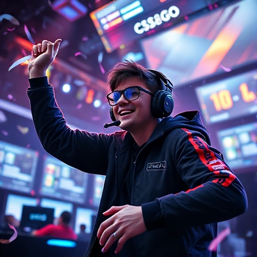A vibrant, high-energy scene of a professional CS:GO player celebrating a victory in a futuristic gaming arena, wearing a headset and holding a mouse, surrounded by glowing neon screens displaying game stats, confetti falling, and dynamic lighting effects, conveying excitement and mastery