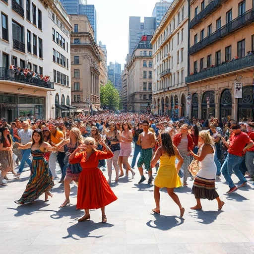 A lively flash mob performance on a city's main square with diverse participants dancing energetically, colorful costumes, spectators watching from surrounding buildings and benches, bright daylight, urban architecture in background