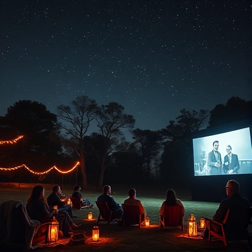An outdoor cinema screening under a starry night sky, with a large white screen showing a classic film, surrounded by cozy blankets, low wooden chairs, and small lanterns casting warm light. A few people are seated quietly, some with popcorn in hand, enjoying the movie. Trees silhouette against the dark sky, and fireflies glow gently in the air. The atmosphere is peaceful, nostalgic, and intimate.